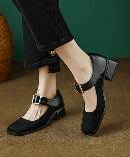 Apricot Suede Square Head Buckle High Chunky Heels