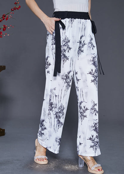 White Bamboo Print Draping Chiffon Straight Pants Fall