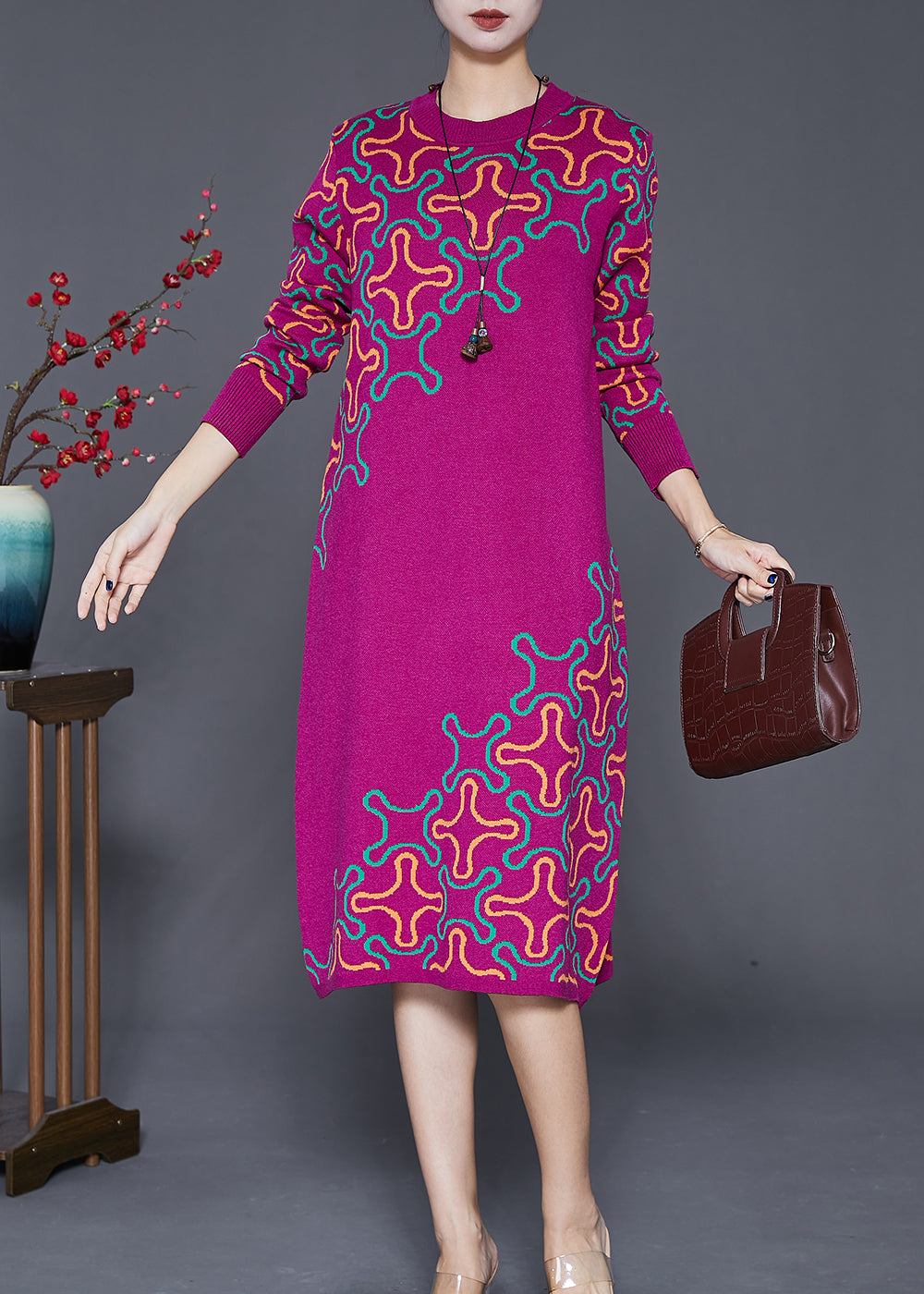 Rose Print Complimentary Scarf Knit Long Knit Dress Fall
