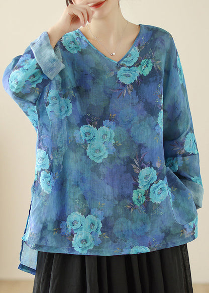 Style Blue Oversized Linen Shirt Tops Spring