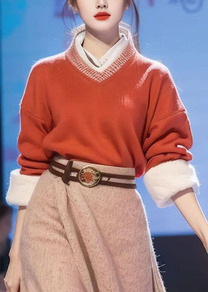 Art Red V Neck Print Cotton Knit Sweaters and Maxi Skirts Two Pieces Set Fall