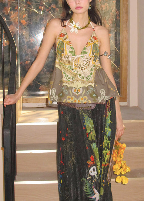 Green Oversized Print Cotton Halter Tops Summer