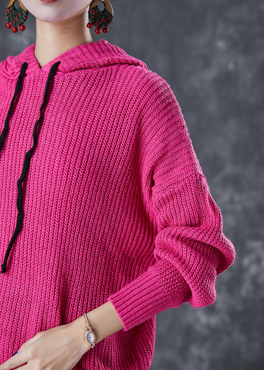 Rose Hooded Drawstring Knit Sweatshirts Tracksuits Fall