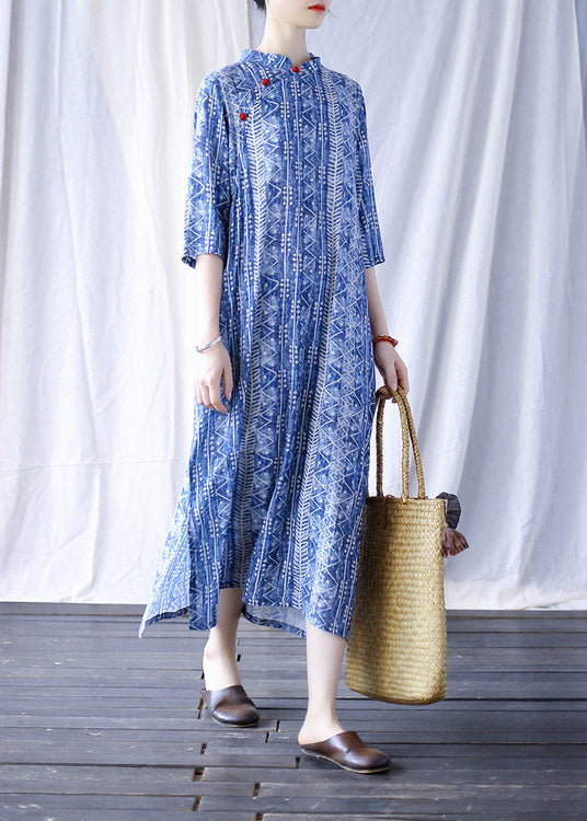Blue Mandarin Collar Side Open Print Cheongsam Dress Half Sleeve