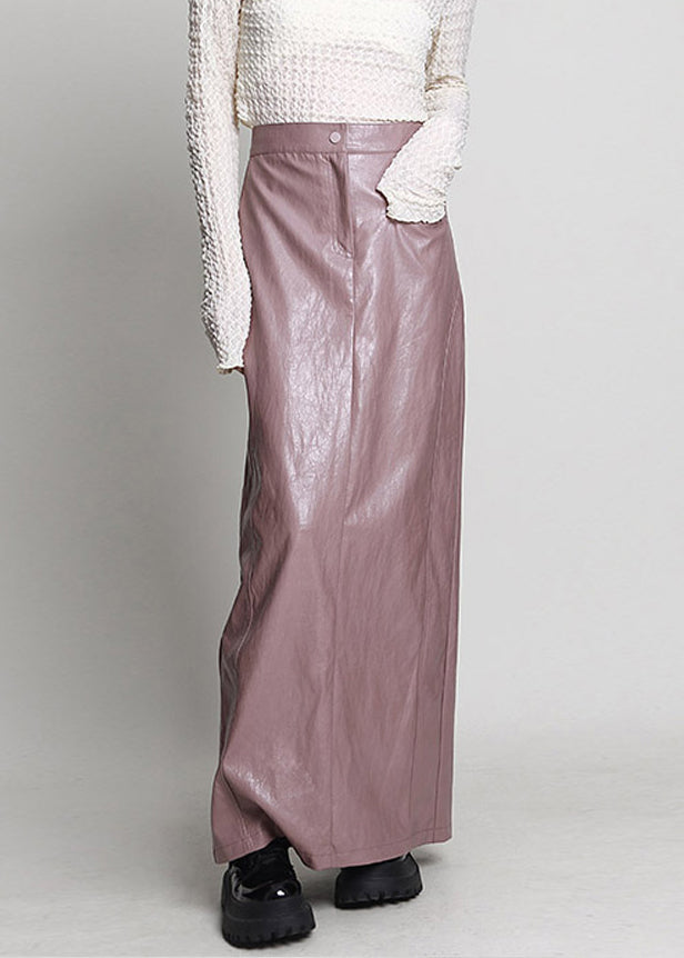 Pink Side Open High Waist Faux Leather Skirt Spring