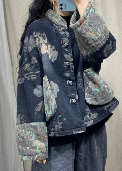 Black Mandarin Collar Print Fine Cotton Filled Witner Coat