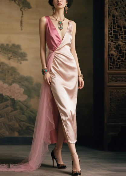 Nude V Neck Patchwork Side Open Silk Vacation Dress Summer