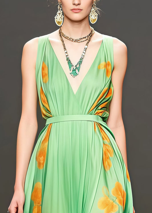 Grass Green Print Chiffon Vacation Dresses Exra Large Hem Summer