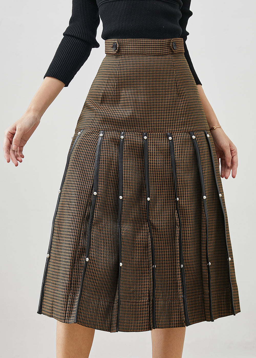 Brown Rivet Silm Cotton Pleated Skirts Spring