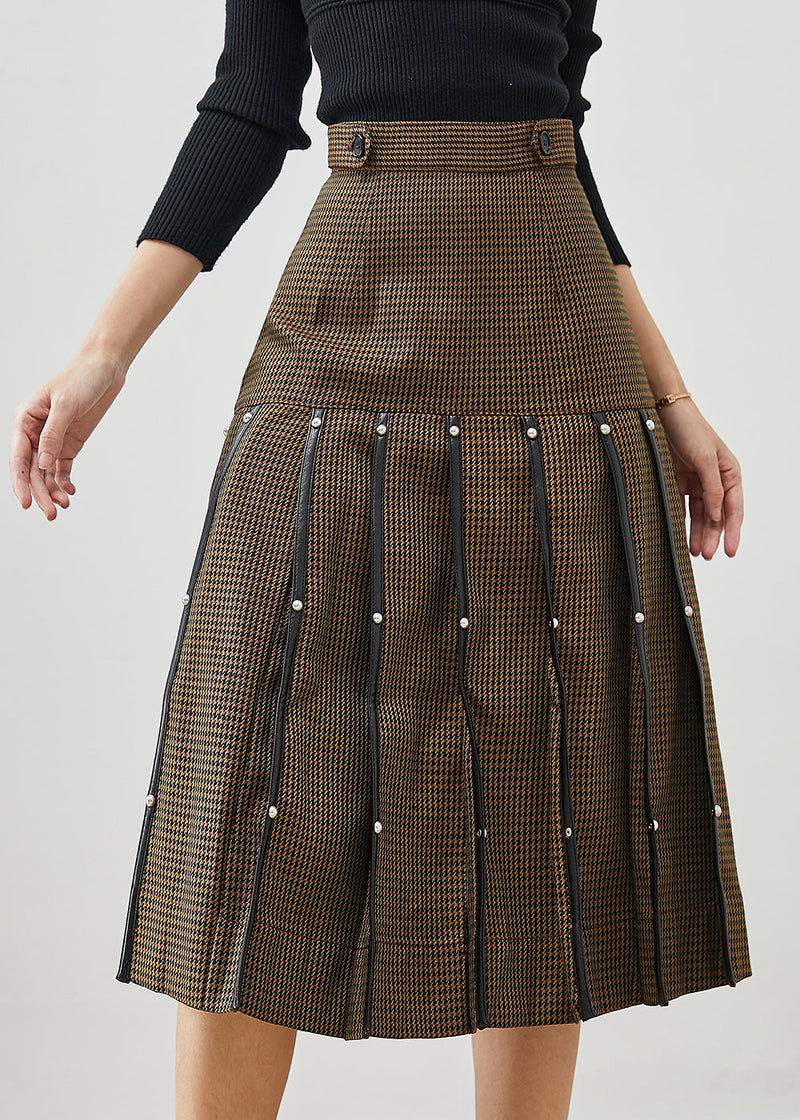 Brown Rivet Silm Cotton Pleated Skirts Spring