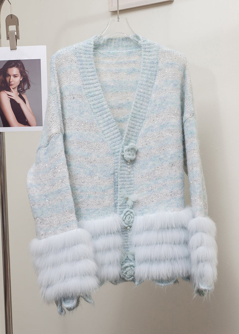 Striped Grey Fox Fur Patchwork Knit Cardigans Winter