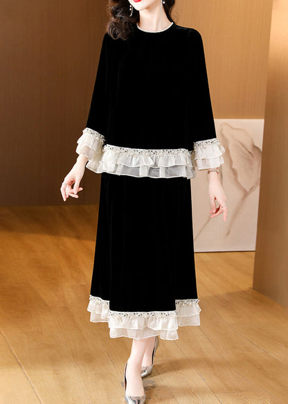 Black Nail Bead Patchwork Silk Velvet Two-piece Set Spring