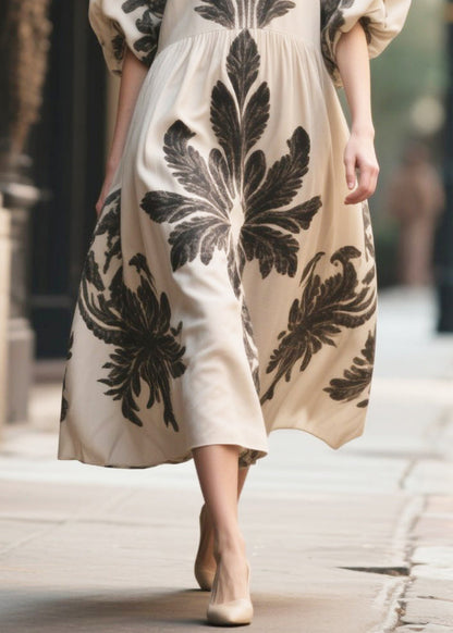 Italian Apricot Puff Sleeve Print Chiffon Long Dress