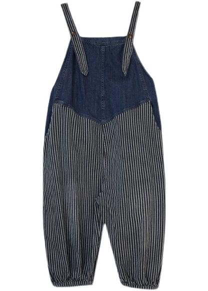French Navy Striped Pocket Patchwork Denim Overalls Jumpsuit Spring