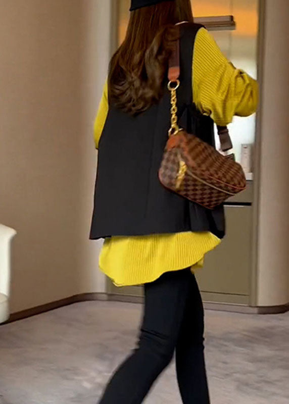 Natural V Neck Black Waistcoat and Yellow Shirts Two Pieces Set Fall