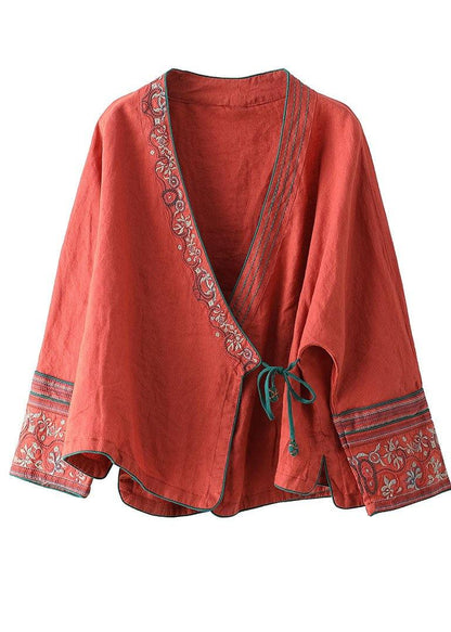 Red Embroideried Long Sleeve Linen Shirt