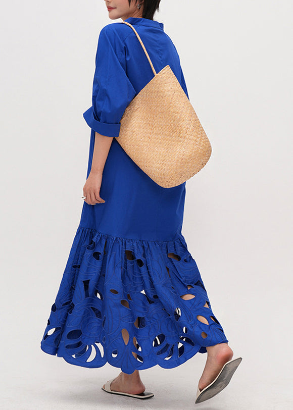 Art Blue Embroidered Hollow Out Cotton Maxi Dress Half Sleeve Fall