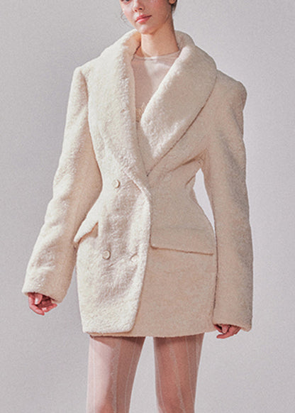 White Notched Patchwork Button Faux Fur Coats Winter