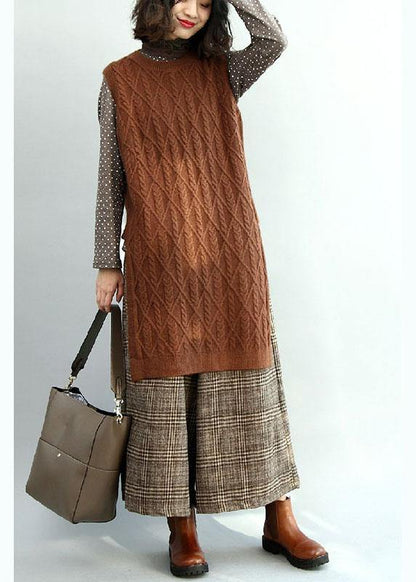 Style Chocolate O-neck Side Open Fall Knit Vest