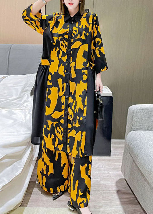 Yellow Peter Pan Collar Patchwork Silk Shirt Wide Leg Pants Two Pieces Set Spring