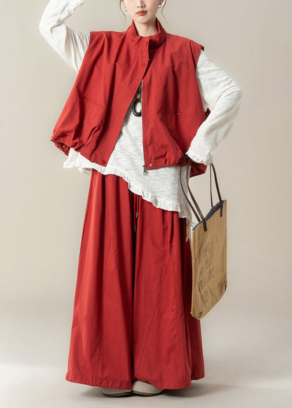 Autumn New Red Stand Collar Vest Asymmetrical T-shirt Wide Leg Pants Set