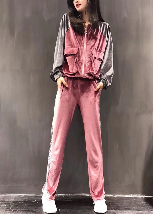Pink Zippered Silk Velour Coats and Wide Leg Pants Two Pieces Set Long Sleeve