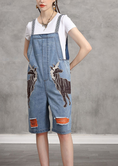 Vogue Light Blue Slash Neck Print Patchwork Denim Jumpsuits Summer