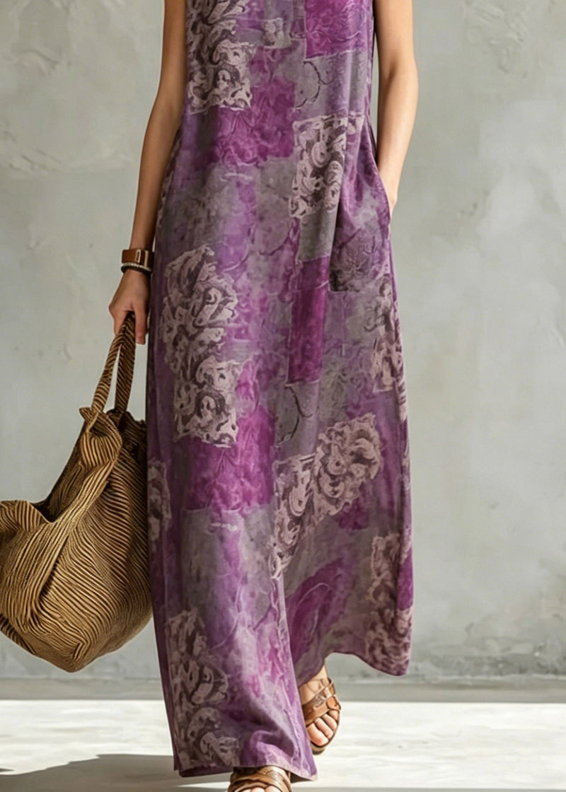 Retro Purple Pockets Patchwork Maxi Dress Summer