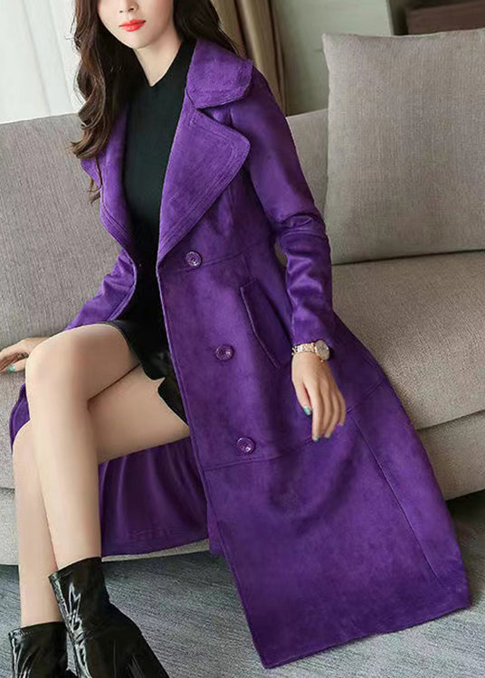 Blackish Green Double Breast Pockets Patchwork Faux Suede Long Coat Fall