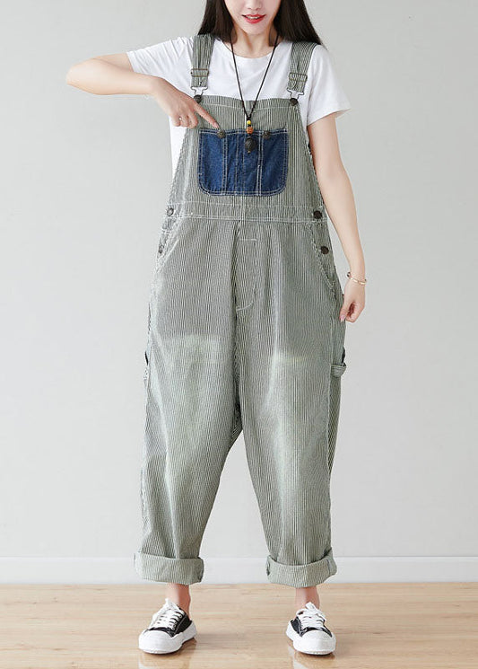 Simple Grey Pockets Patchwork Striped Jumpsuits Spring