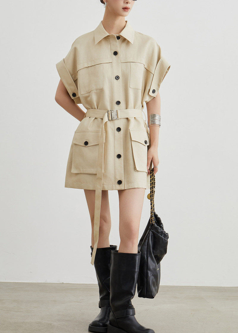 Khaki Workwear Style Pockets T-shirt Dress Summer