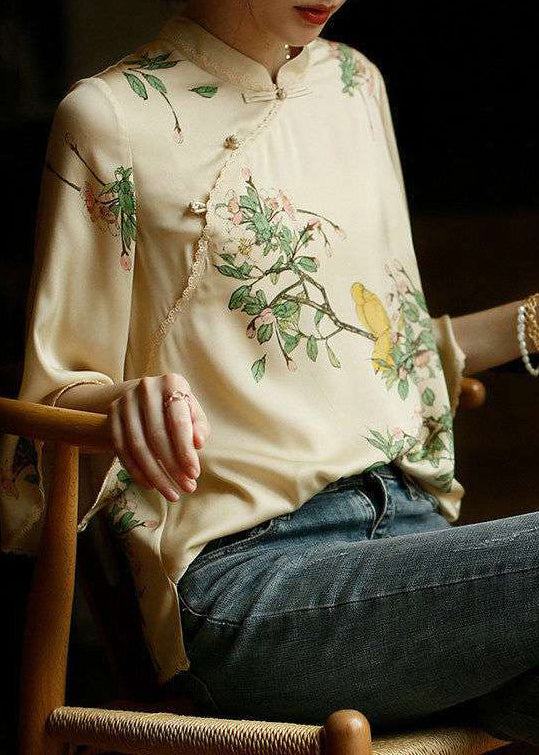 Beige Mandarin Collar Side Open Print Silk Top Long Sleeve