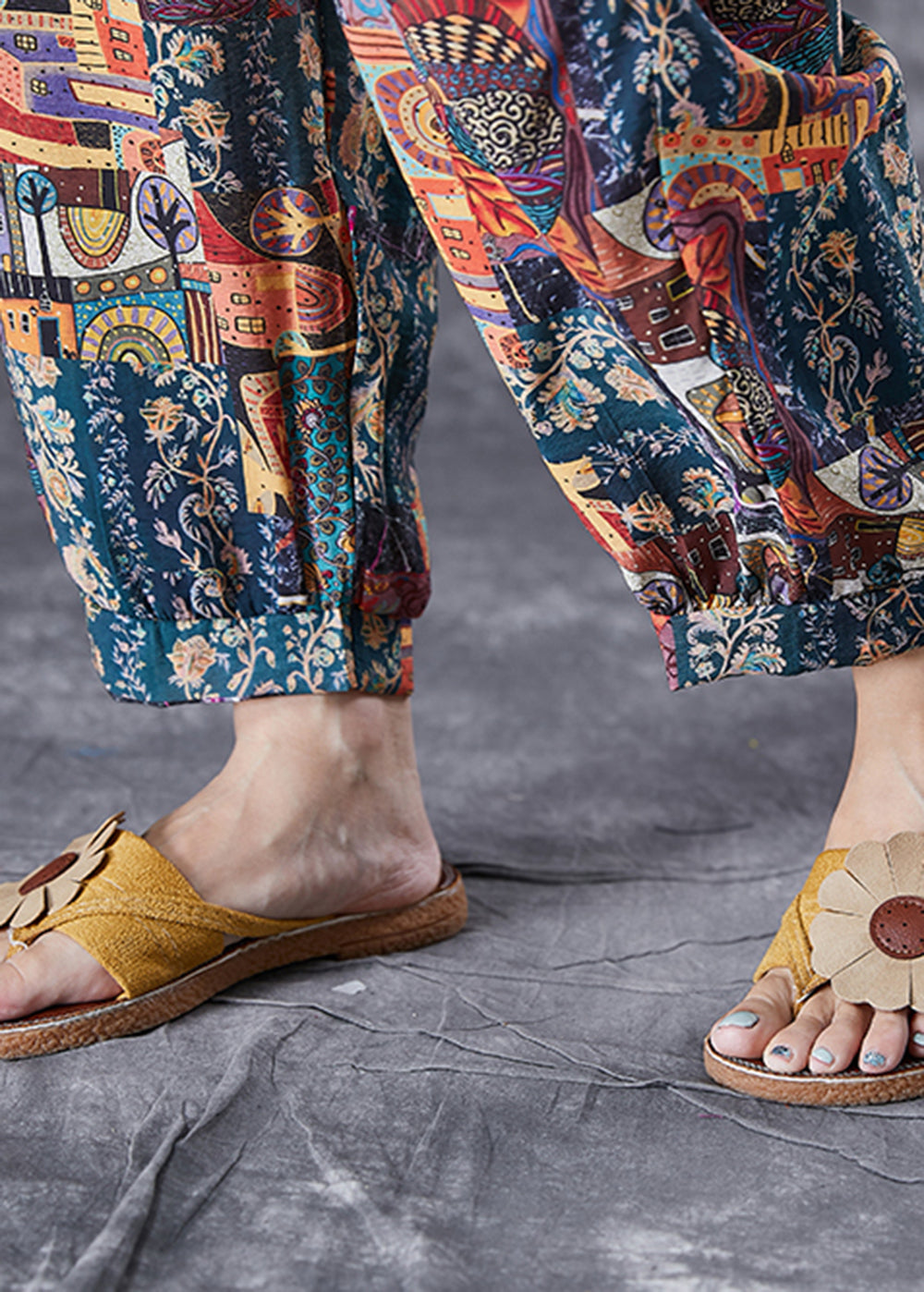 Elastic Waist Print Pockets Cotton Pants Summer
