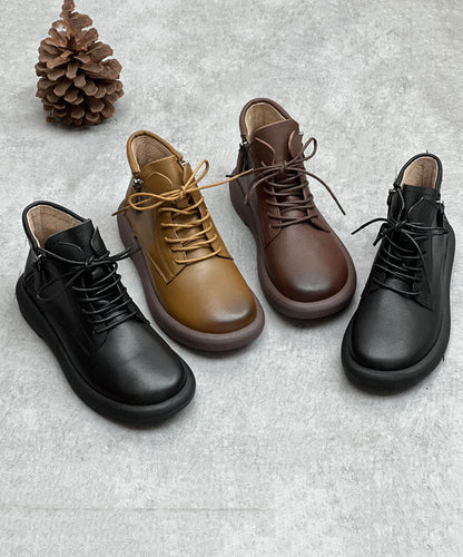 Cowhide Leather Boots Zippered Cross Strap Flat Boots