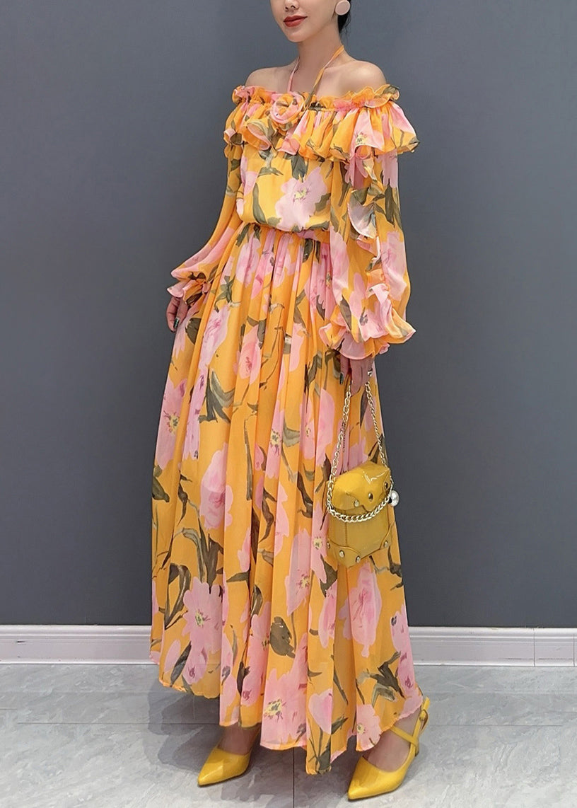 Orange Slash Neck Cold Shoulder Patchwork Long Dress Long Sleeve