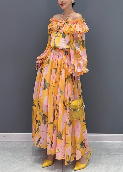Orange Slash Neck Cold Shoulder Patchwork Long Dress Long Sleeve