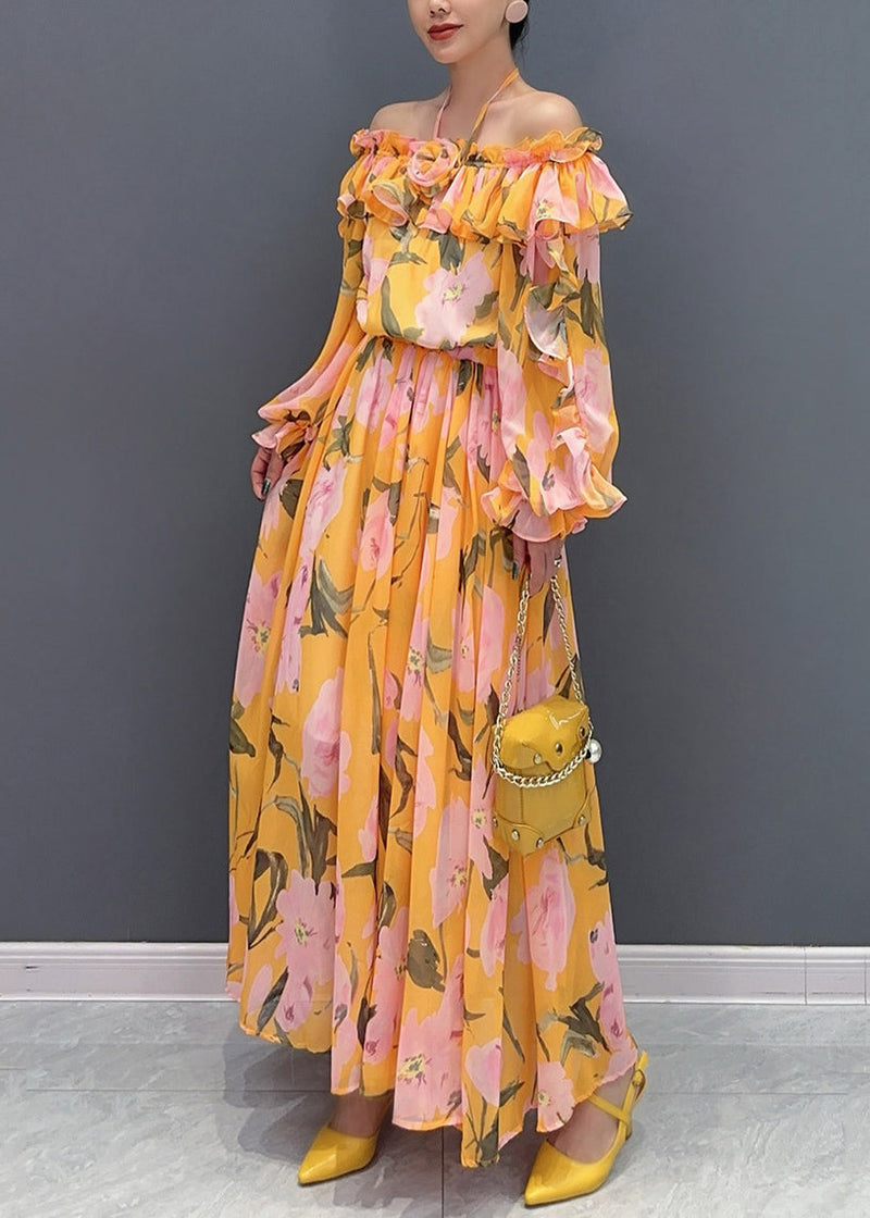Orange Slash Neck Cold Shoulder Patchwork Long Dress Long Sleeve