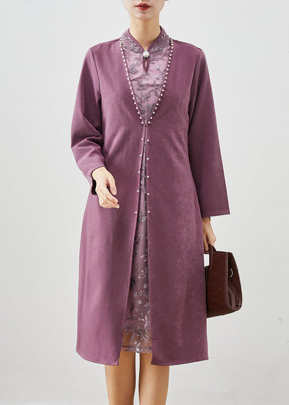 Purple Embroideried Patchwork Silk Fake Two Piece Dress Fall