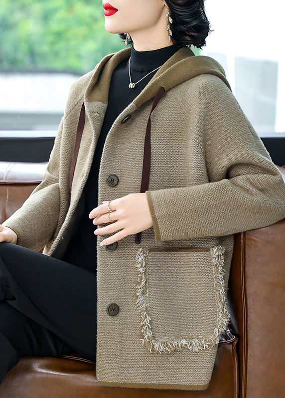 Coffee Drawstring Button Hooded Woolen Hooded Coats Fall
