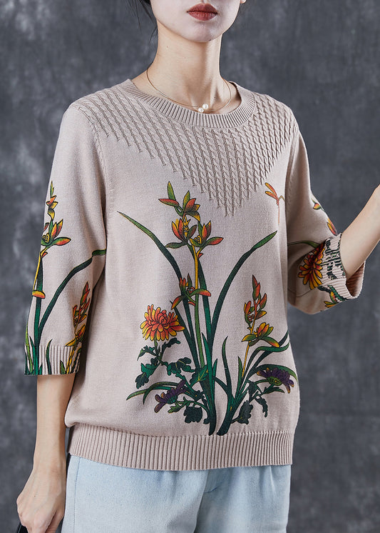 Diy Beige Oversized Print Knitted Tops Spring