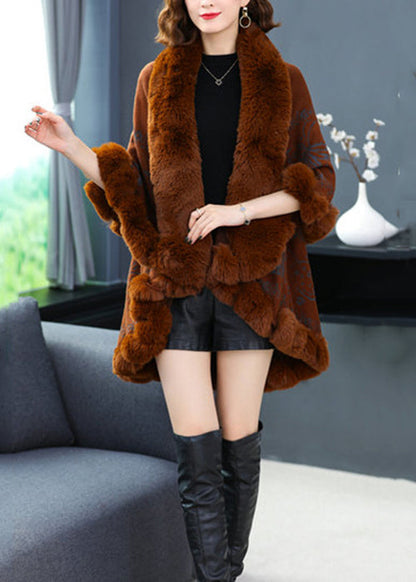 Organic Caramel V Neck Print Low High Design Patchwork Woolencoats Fall