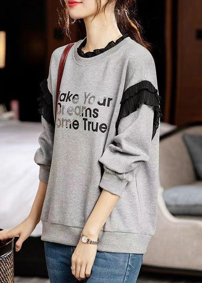 Grey Ruffled Print Patchwork Cotton Sweatshirts Long Sleeve