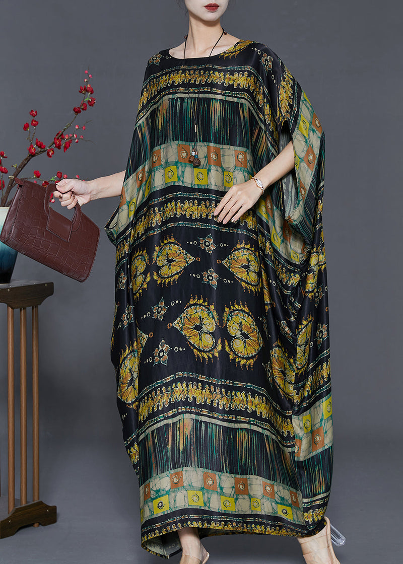 Black Oversized Print Silk Long Dresses Batwing Sleeve