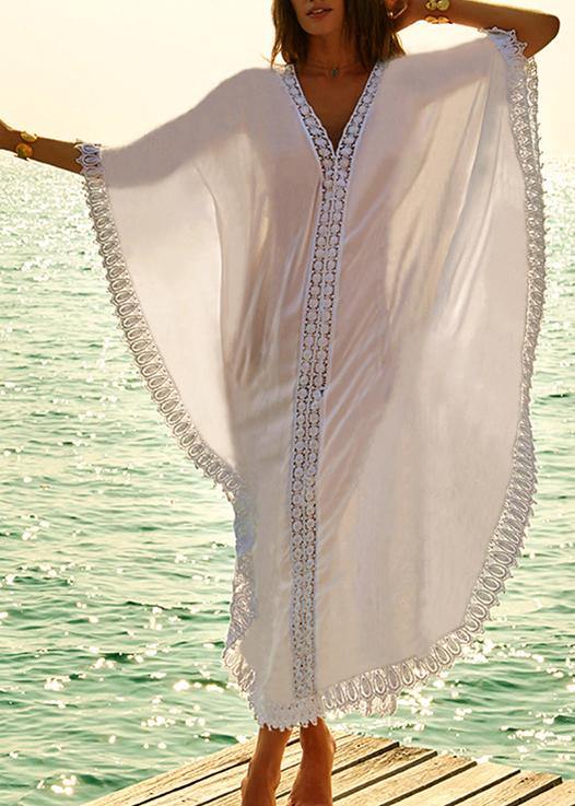 White Patchwork Hollow Outkimono Robe Summer Maxi Dress