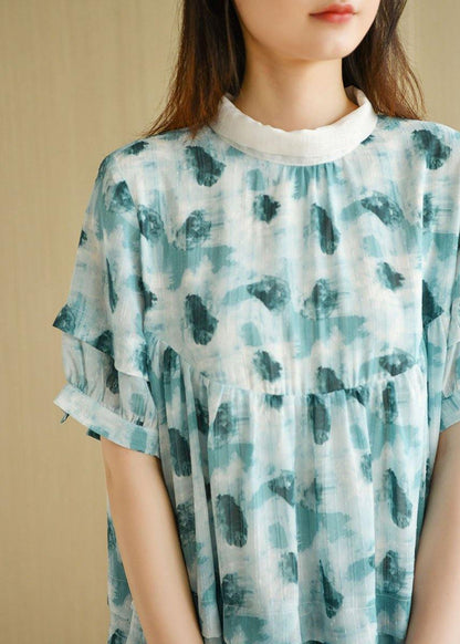 Green Peter Pan Collar Print Summer Cotton Dress Short Sleeve