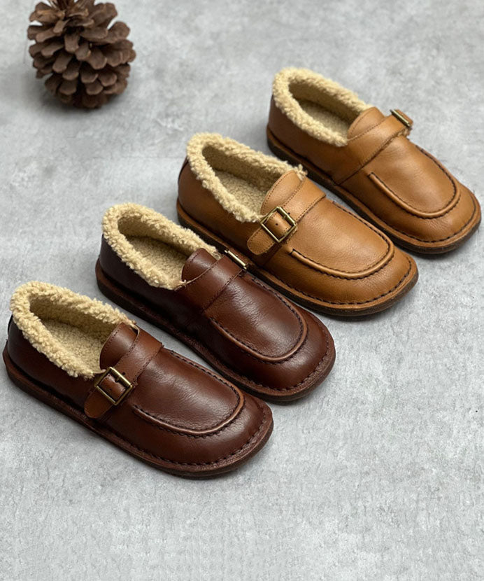 Chocolate Flat Shoes for Cowhide Leather Fuzzy Wool Lined Flat Shoes for