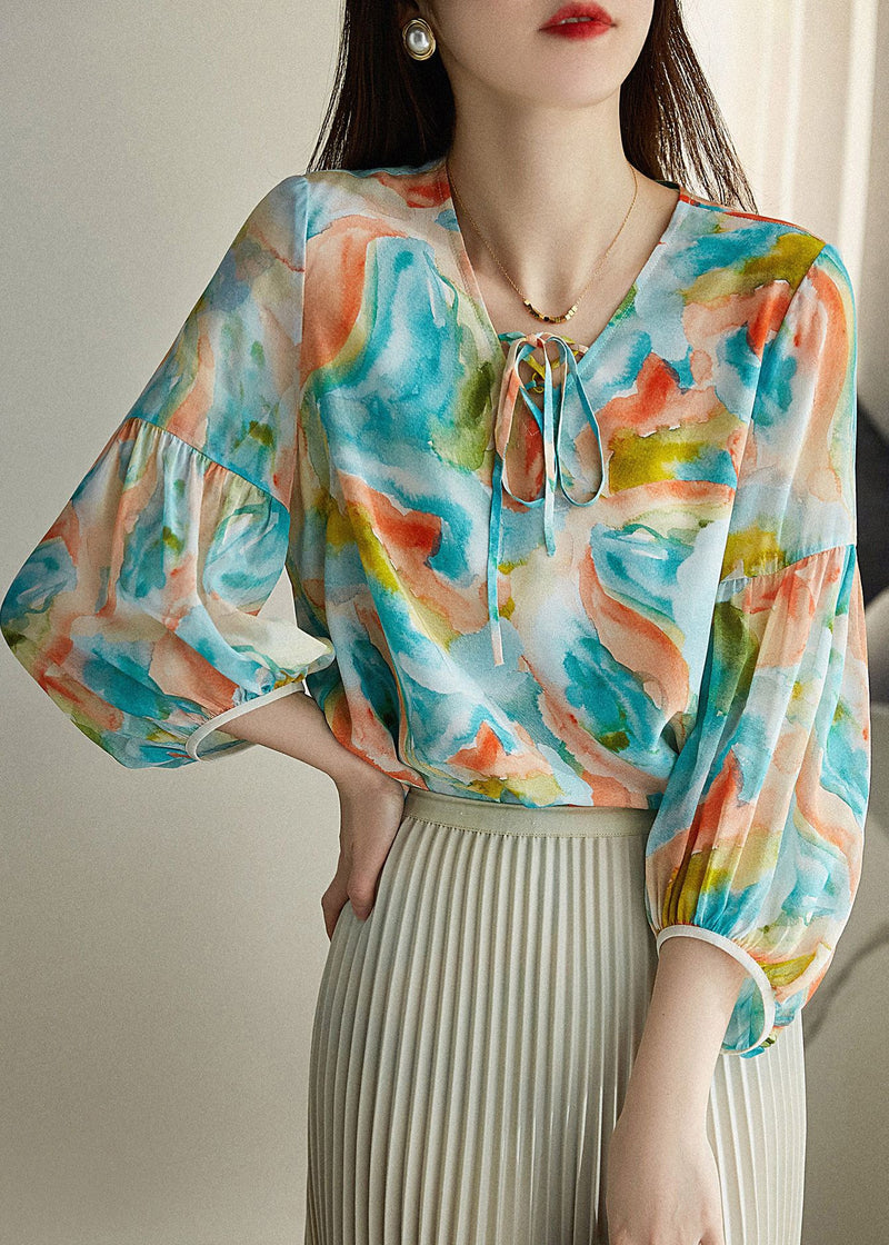 Italian Green V Neck Print Neck Tie Chiffon Shirt Spring