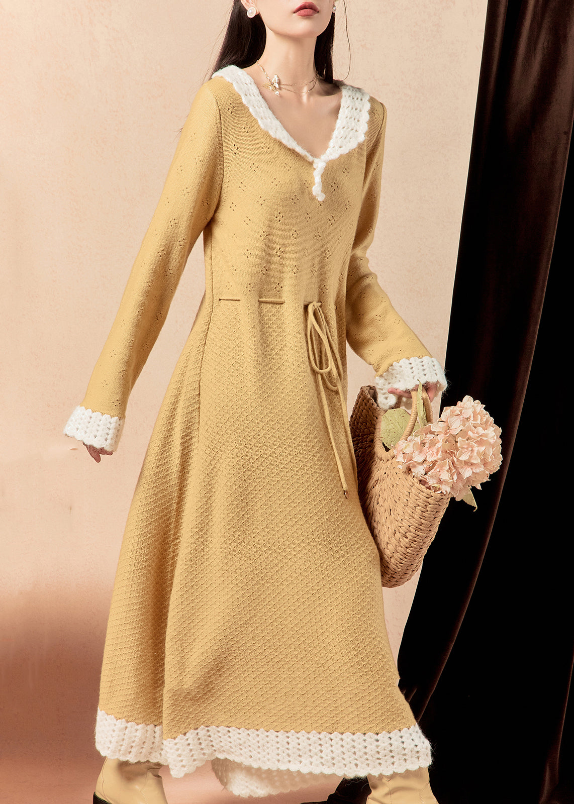Yellow Hollow Out Lace Up Knit Long Dress Winter