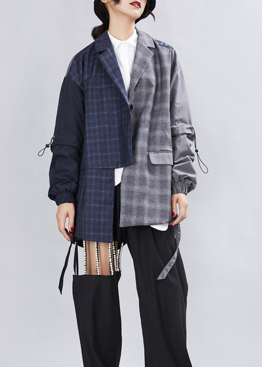 Simple Grey Patchwork Plaid Asymmetrical Design Fall Coats Long Sleeve