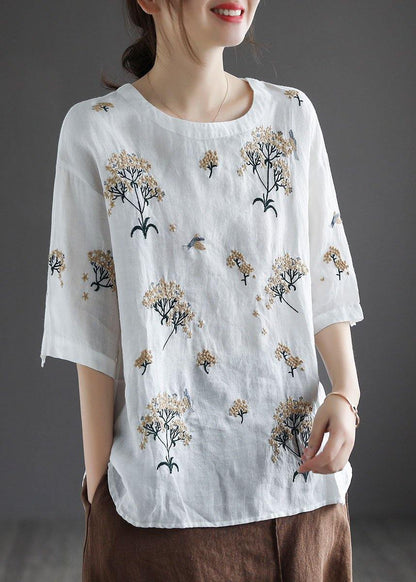 White O-neck Embroideried Summer Linen Tops Half Sleeve